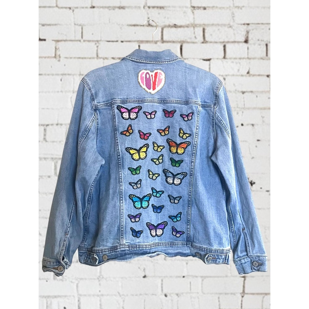 Rainbow Butterflies Pride Boho Festival Patch Denim Jean Jacket LGBTQIA+ sz. XL